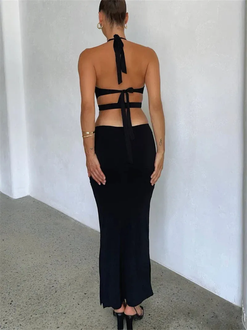 2024 Elegant Black Halter Neck Backless Maxi Cut Out Dresses
