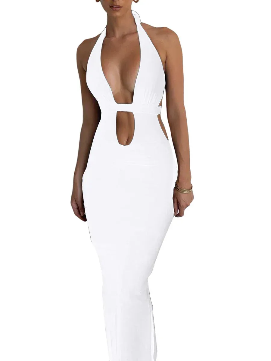 2024 Elegant Black Halter Neck Backless Maxi Cut Out Dresses
