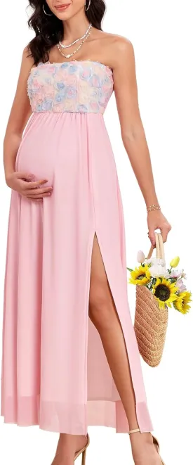 3D Floral Mesh Split Strapless Maternity Dress Tube A-Line Pregnancy Dresses Baby Shower Photoshoot