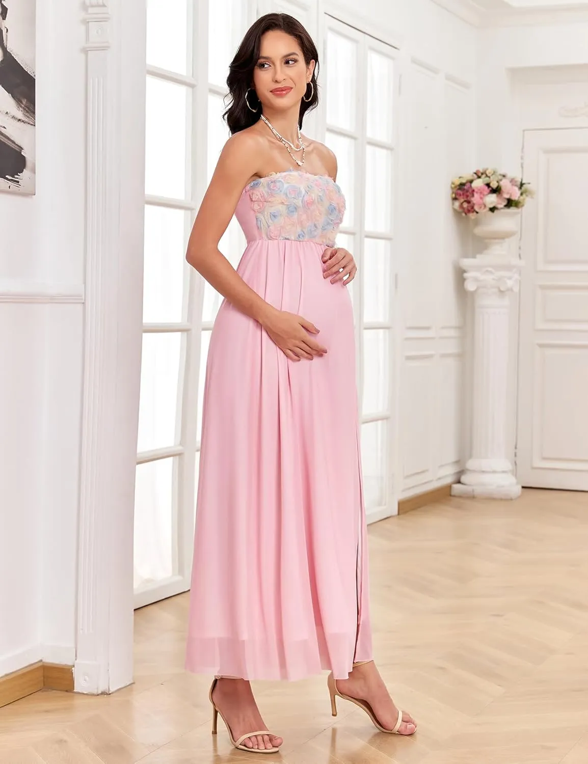 3D Floral Mesh Split Strapless Maternity Dress Tube A-Line Pregnancy Dresses Baby Shower Photoshoot