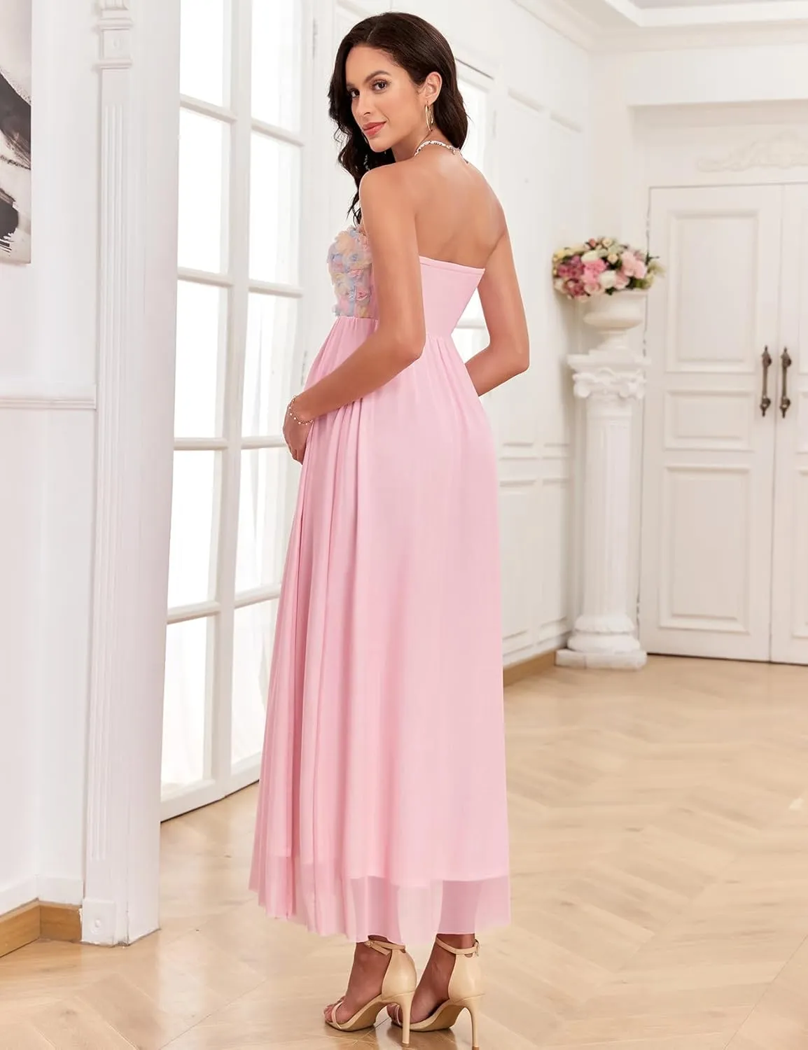 3D Floral Mesh Split Strapless Maternity Dress Tube A-Line Pregnancy Dresses Baby Shower Photoshoot