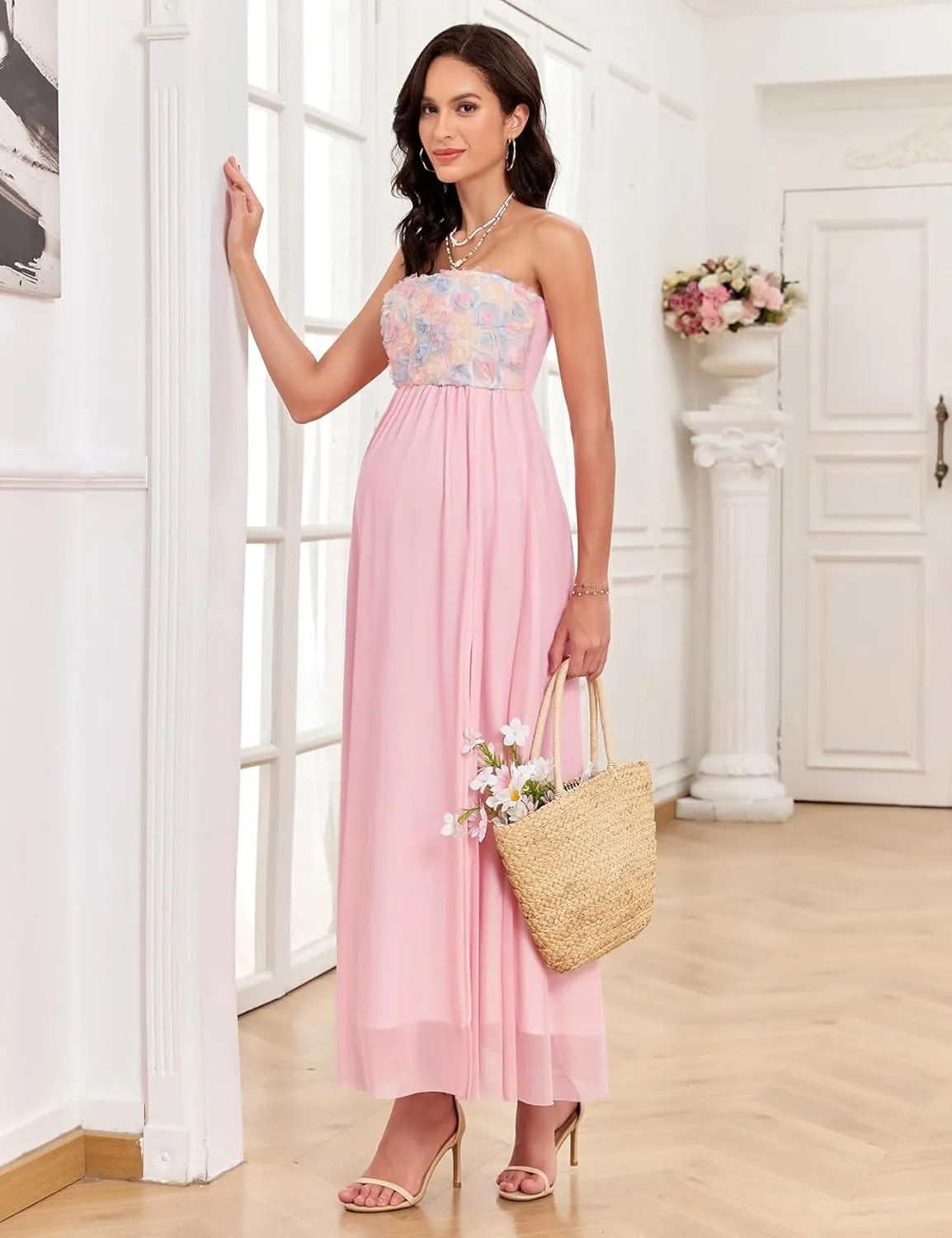 3D Floral Mesh Split Strapless Maternity Dress Tube A-Line Pregnancy Dresses Baby Shower Photoshoot