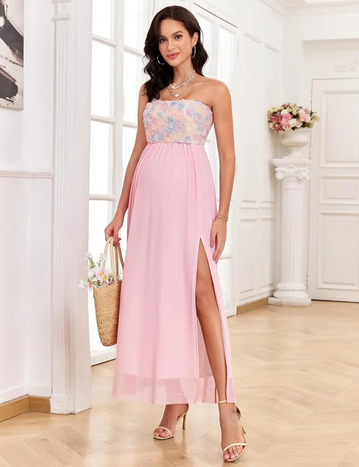 3D Floral Mesh Split Strapless Maternity Dress Tube A-Line Pregnancy Dresses Baby Shower Photoshoot