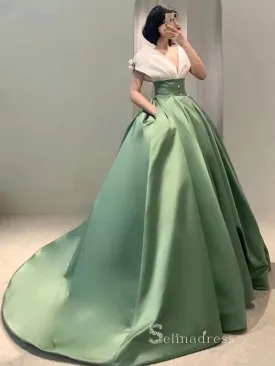 A-line V neck Long Prom Dress Green Ball Gown Satin Evening Dresses GKF031