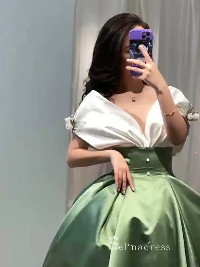 A-line V neck Long Prom Dress Green Ball Gown Satin Evening Dresses GKF031