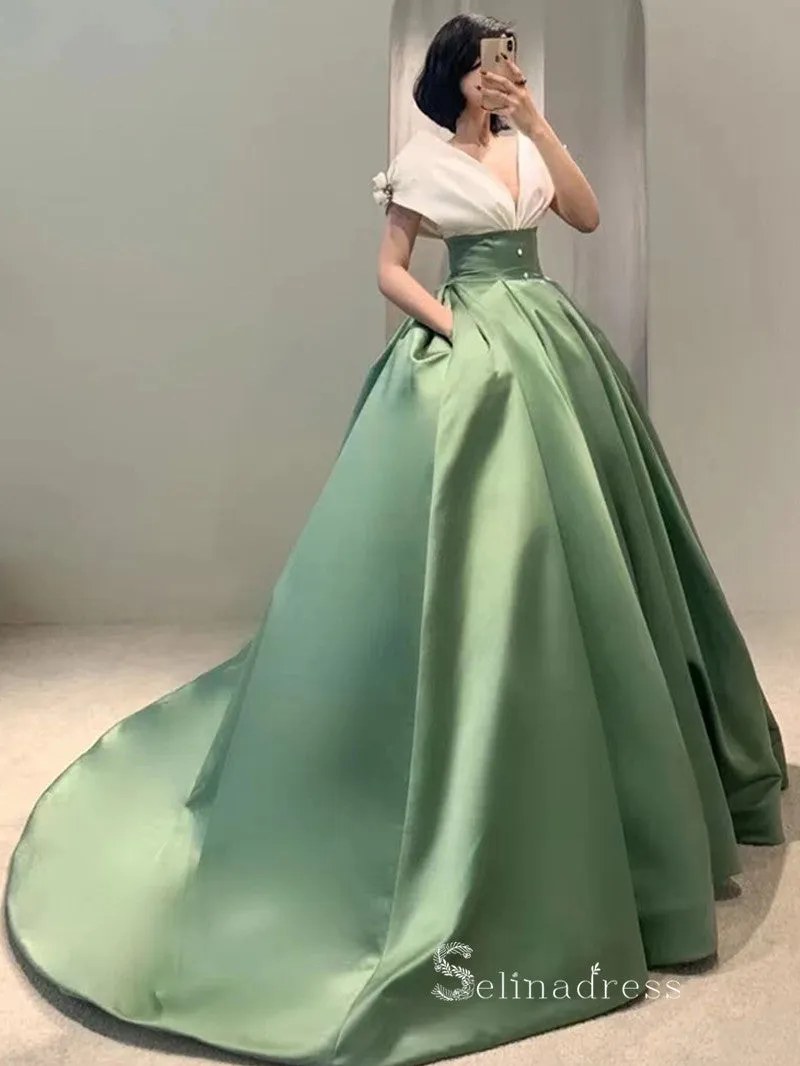 A-line V neck Long Prom Dress Green Ball Gown Satin Evening Dresses GKF031