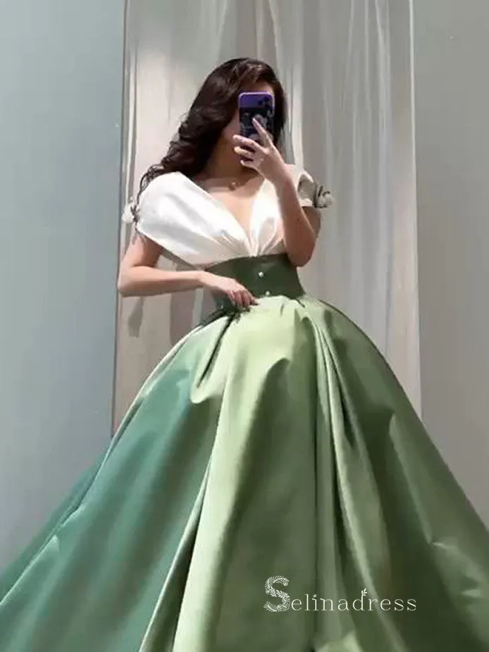 A-line V neck Long Prom Dress Green Ball Gown Satin Evening Dresses GKF031