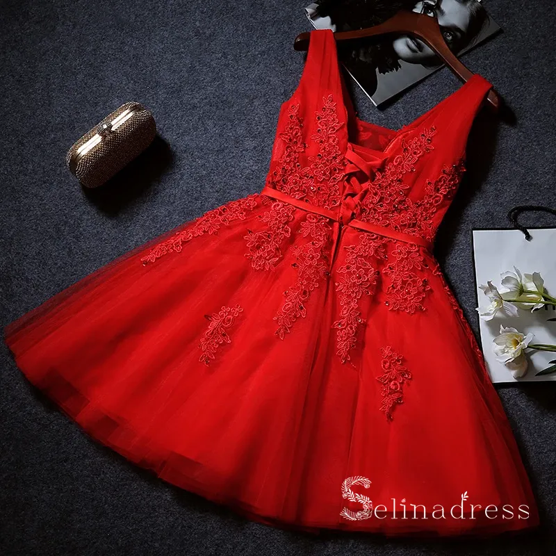 A-line V neck Red Short Prom Dress Lace Applique Juniors Homecoming Dress MHL053