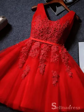 A-line V neck Red Short Prom Dress Lace Applique Juniors Homecoming Dress MHL053
