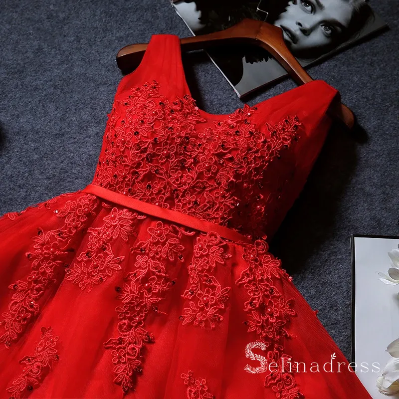 A-line V neck Red Short Prom Dress Lace Applique Juniors Homecoming Dress MHL053