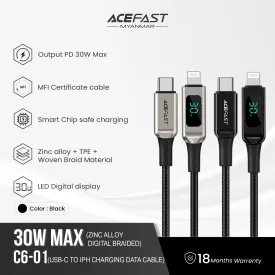 ACEFAST C6-01 USB-C TO LIGHTNING ZINC ALLOY DIGITAL BRAIDED CHARGING DATA CABLE (30W MAX) (1.2M) - BLACK