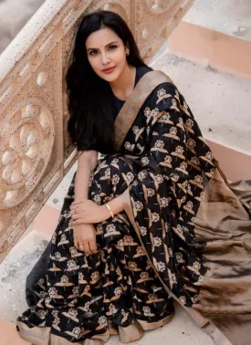 Admirable Black Silk Base Woven Designer Banarasi Saree