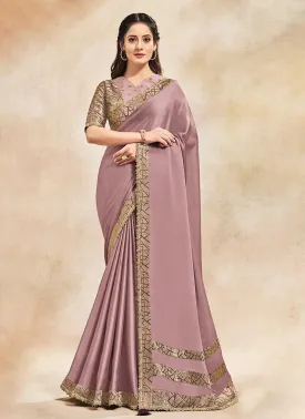 Admiring Silk Base Mauve Color Saree With Sequins Work And V Neck Blouse
