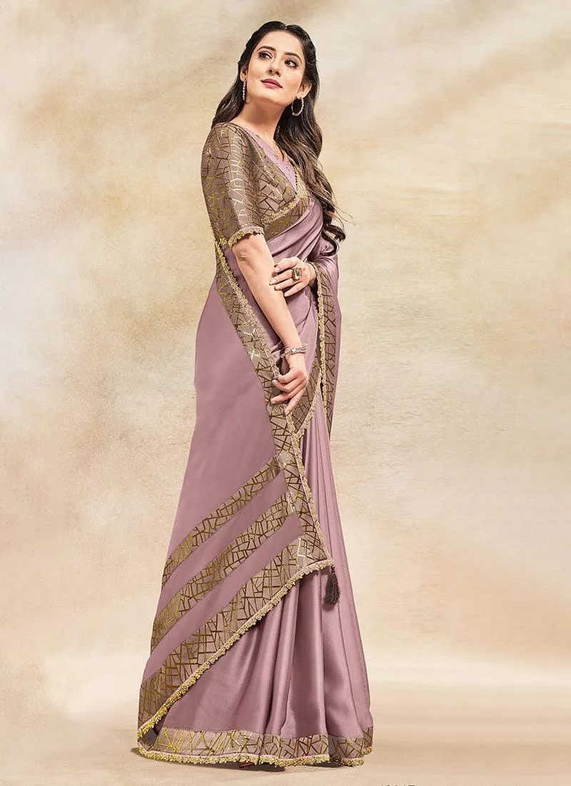 Admiring Silk Base Mauve Color Saree With Sequins Work And V Neck Blouse