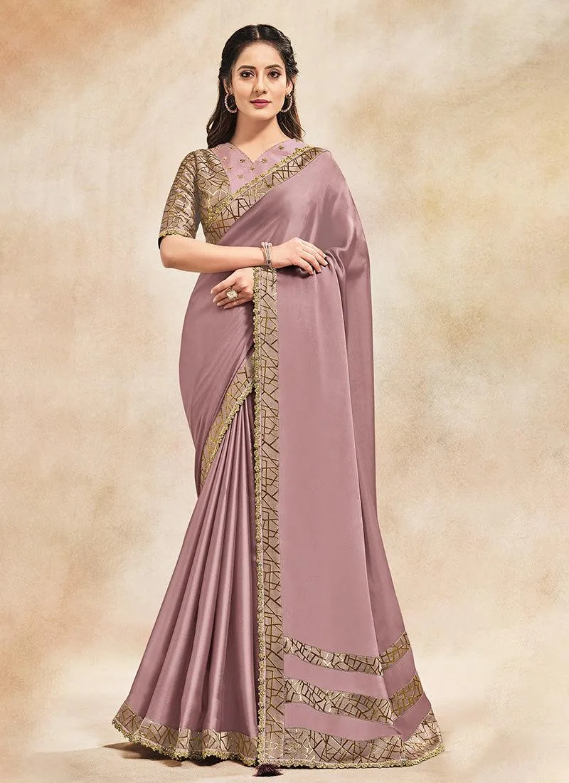 Admiring Silk Base Mauve Color Saree With Sequins Work And V Neck Blouse