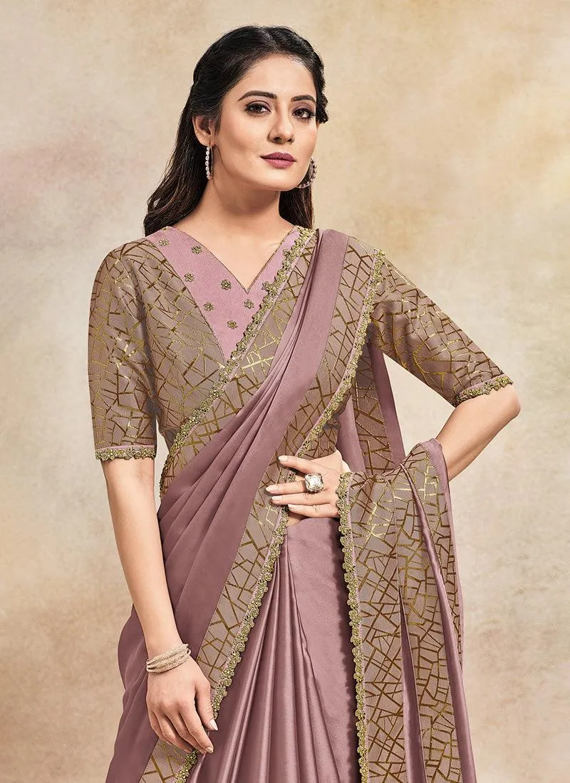 Admiring Silk Base Mauve Color Saree With Sequins Work And V Neck Blouse