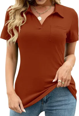 AKEWEI Womens V Neck Polo Shirts Short Sleeve Collared Tops Loose Casual Tunic Blouses with Pocket