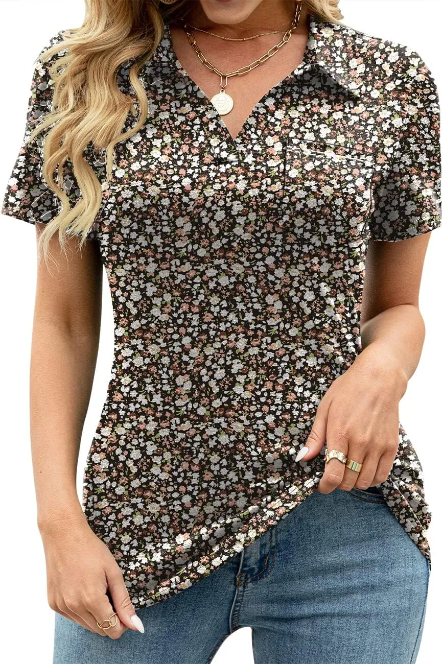 AKEWEI Womens V Neck Polo Shirts Short Sleeve Collared Tops Loose Casual Tunic Blouses with Pocket