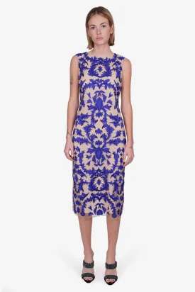 Alice   Olivia Blue/Beige Floral Print Mesh Embroidered Short-sleeve Midi Dress Size 8