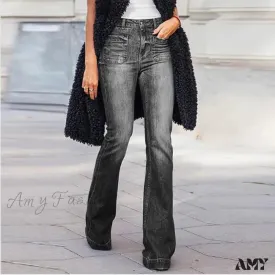 Amy Fashion - Women's Flared Stretch Fashion High Waist Vintage Casual Full Length Slim Streetwear Wide Leg Flare Jean