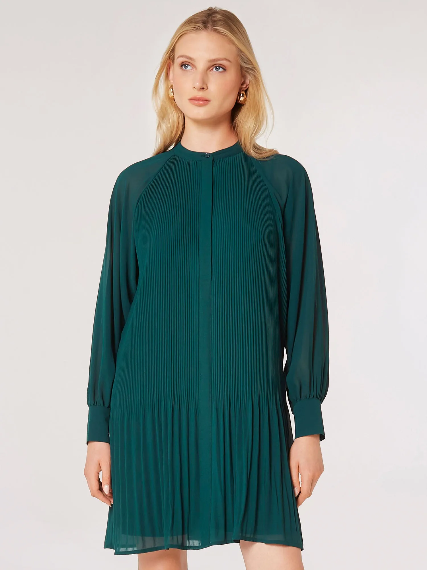Apricot Plisse Long Sleeve Chiffon Dress