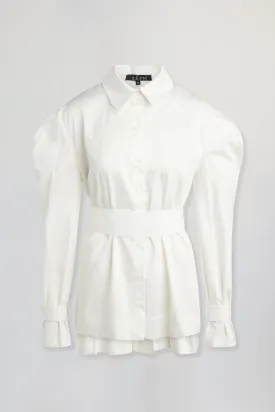 Belted shirt with puff sleeves and asymmetric hem in white