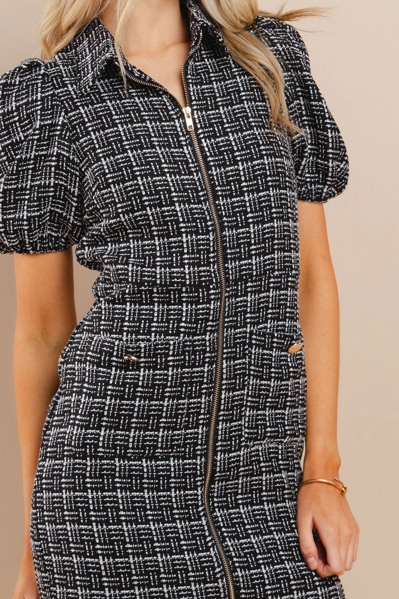 BLACK TWEED MINI DRESS