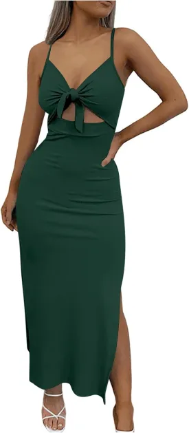 Bodycon Dresses for Women Tie Knot Cut Out Side Split Hem Sleeveless Knit Bodycon Maxi Dress