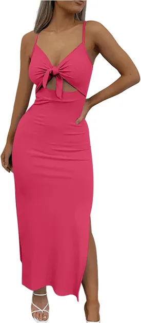 Bodycon Dresses for Women Tie Knot Cut Out Side Split Hem Sleeveless Knit Bodycon Maxi Dress