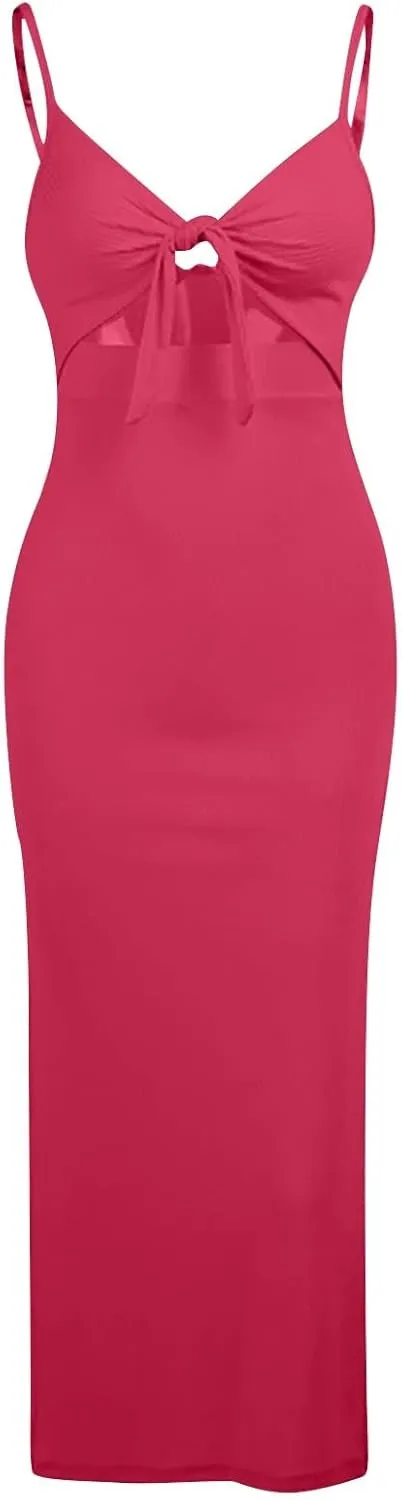 Bodycon Dresses for Women Tie Knot Cut Out Side Split Hem Sleeveless Knit Bodycon Maxi Dress