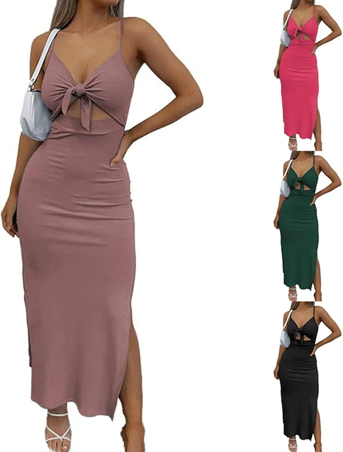Bodycon Dresses for Women Tie Knot Cut Out Side Split Hem Sleeveless Knit Bodycon Maxi Dress