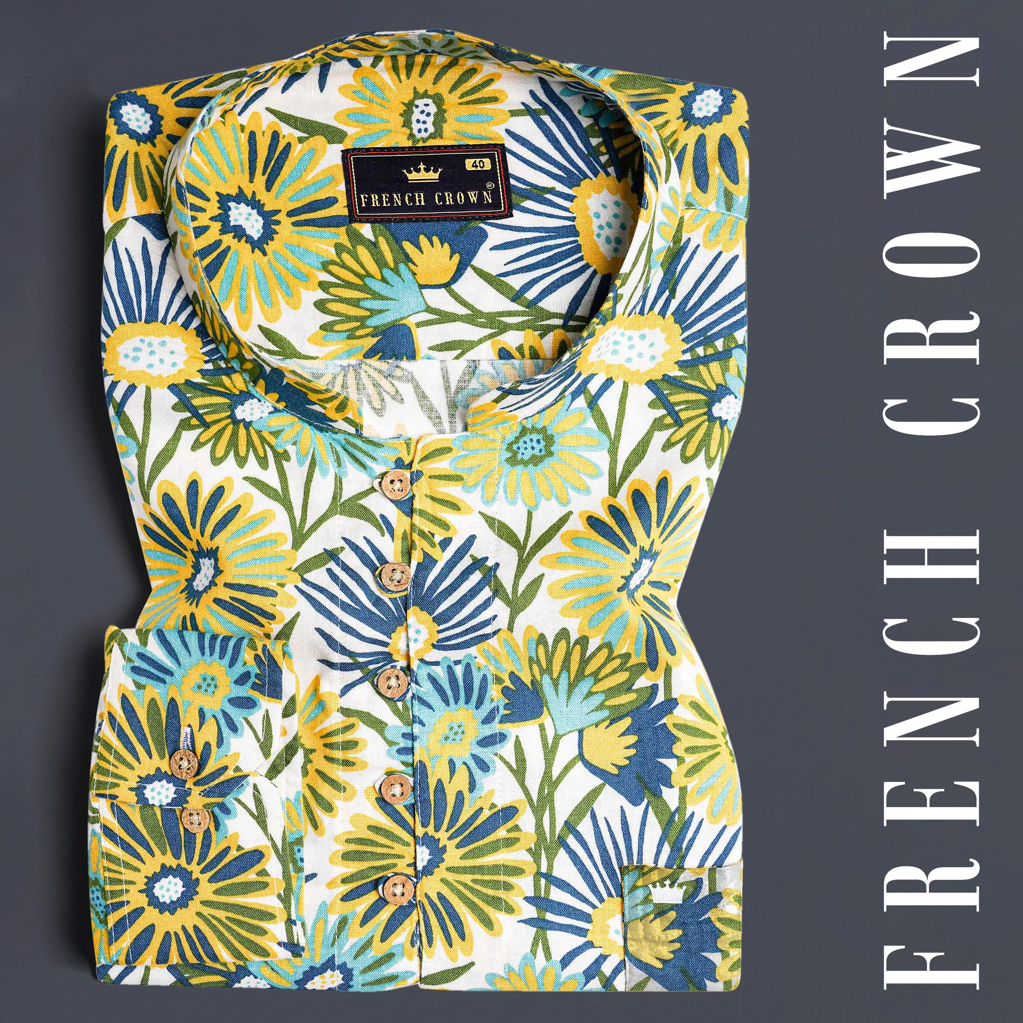 Bright Sun Yellow Tropical Printed Oxford Kurta Shirt