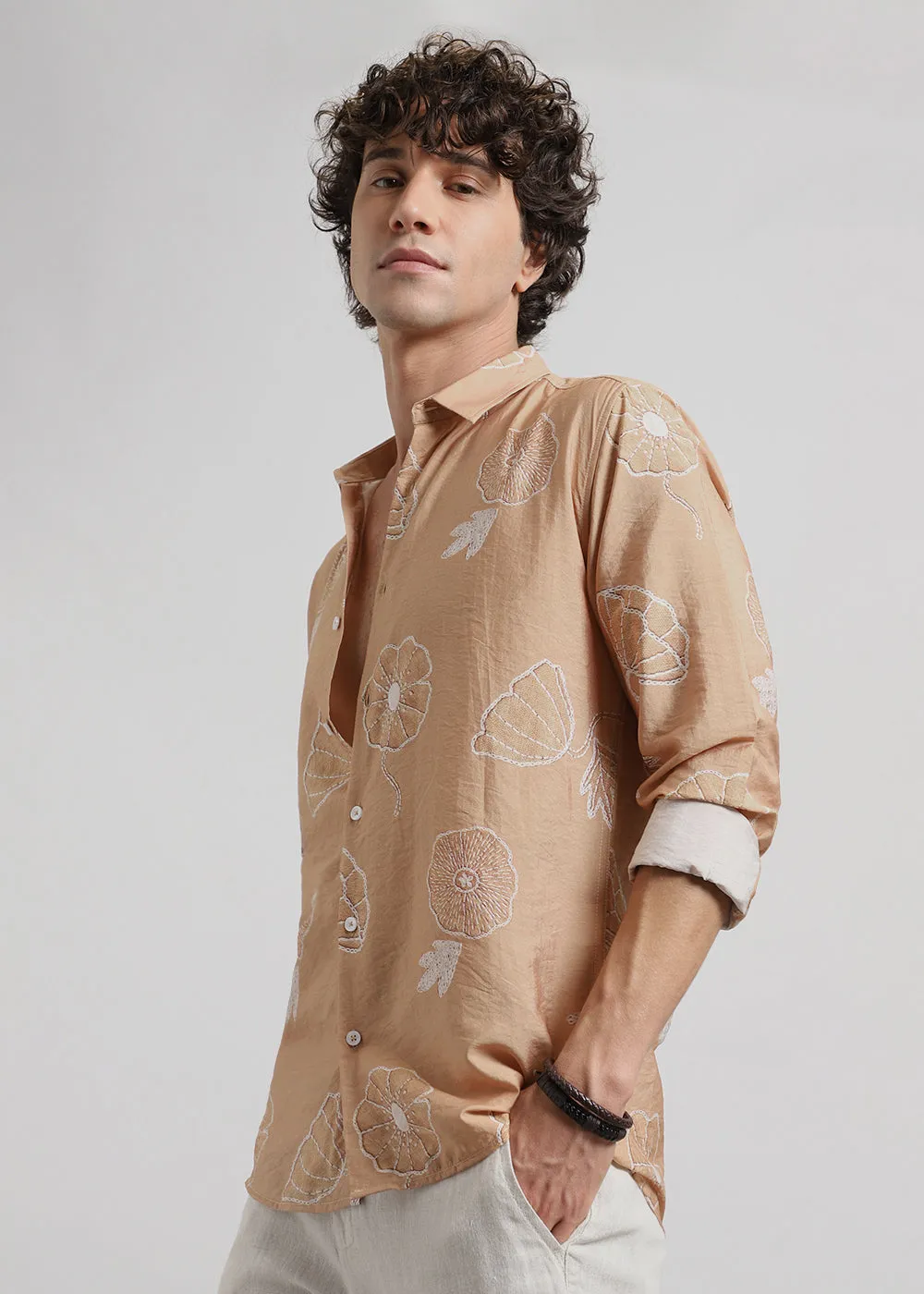 Brown Beige Floral Print Shirt