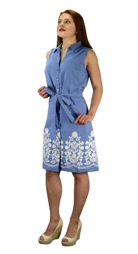 Button Up Dainty Floral Embroidered Chambray Dress