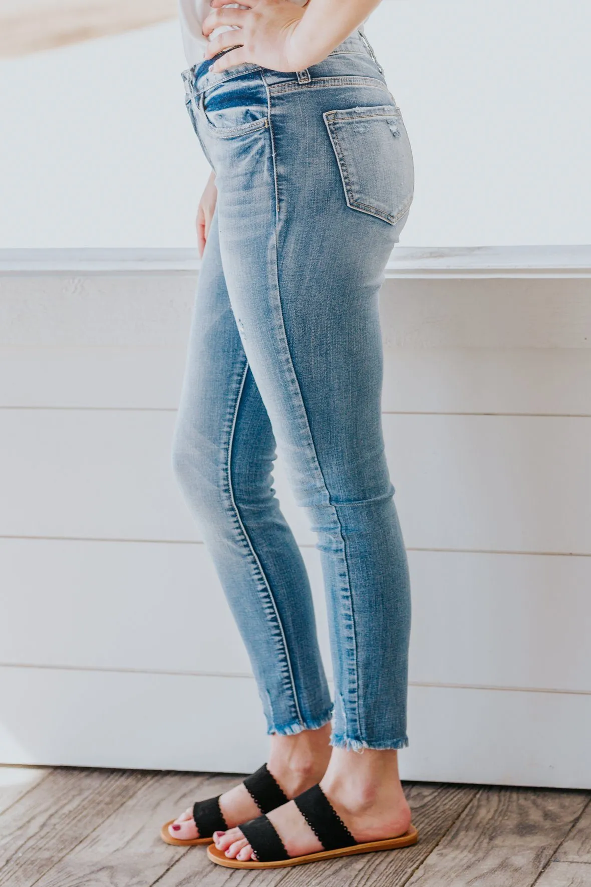 Cala Medium Mid Rise Crop Skinny Frayed Hem Jeans