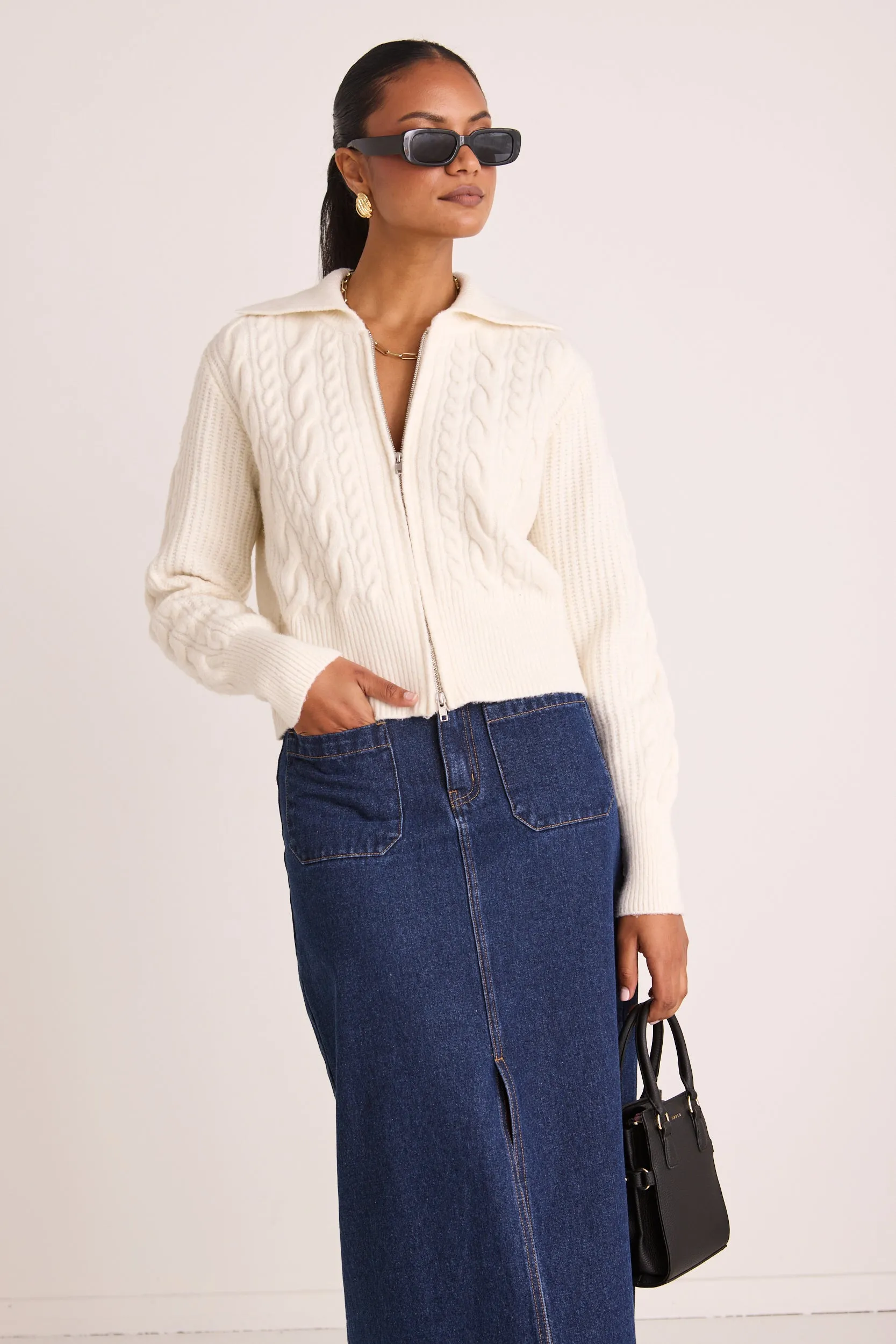 Central Ivory Zip Through Knit Jumper