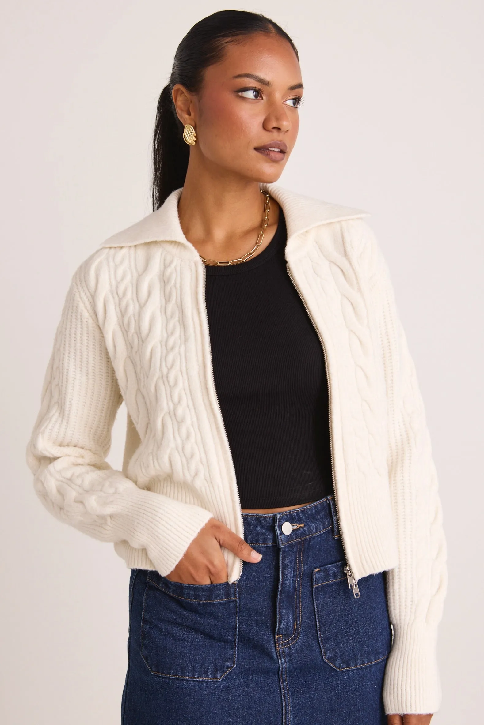 Central Ivory Zip Through Knit Jumper