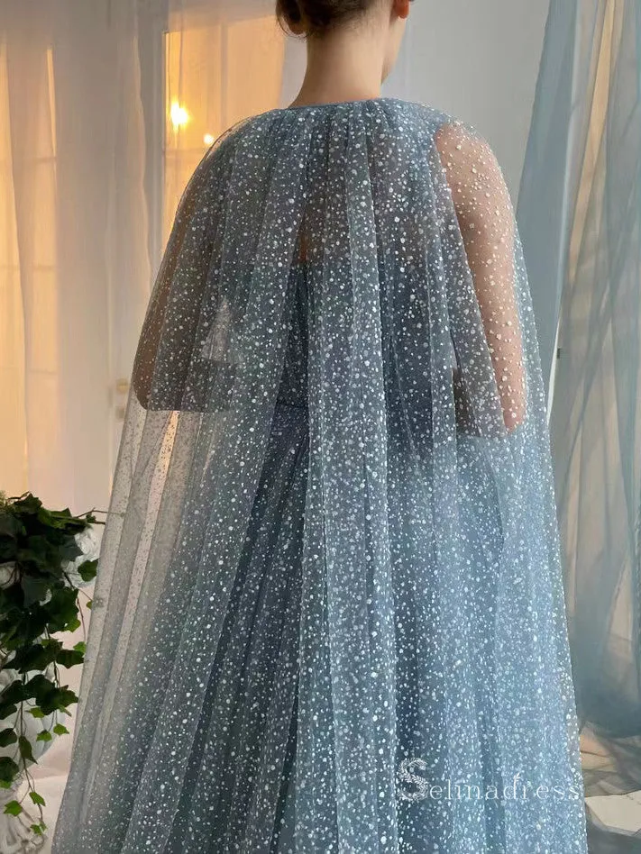 Chic A-line Spaghetti Straps Blue Long Prom Dresses Cheap Evening Dresses MLH1997