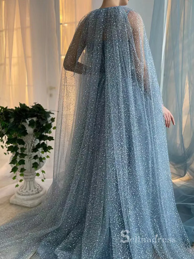 Chic A-line Spaghetti Straps Blue Long Prom Dresses Cheap Evening Dresses MLH1997