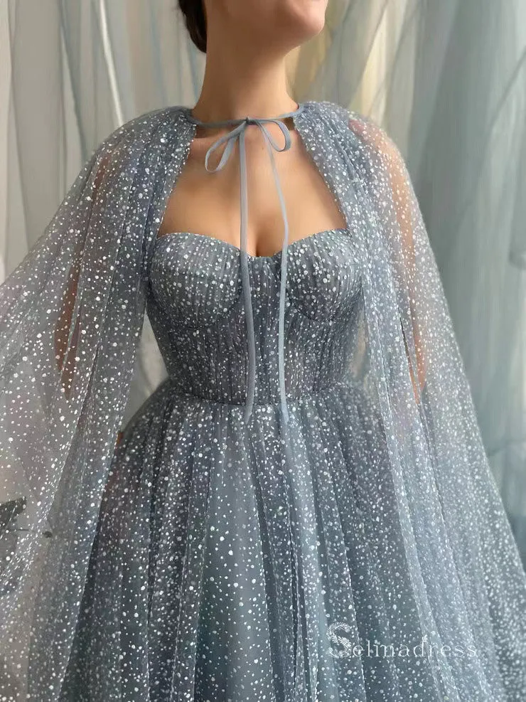 Chic A-line Spaghetti Straps Blue Long Prom Dresses Cheap Evening Dresses MLH1997