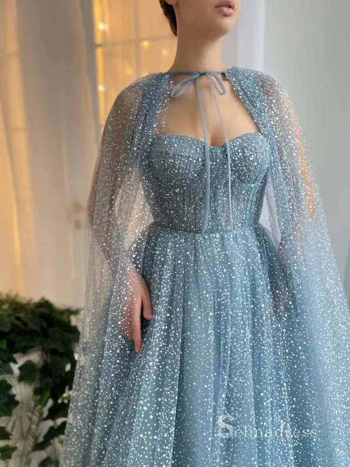 Chic A-line Spaghetti Straps Blue Long Prom Dresses Cheap Evening Dresses MLH1997