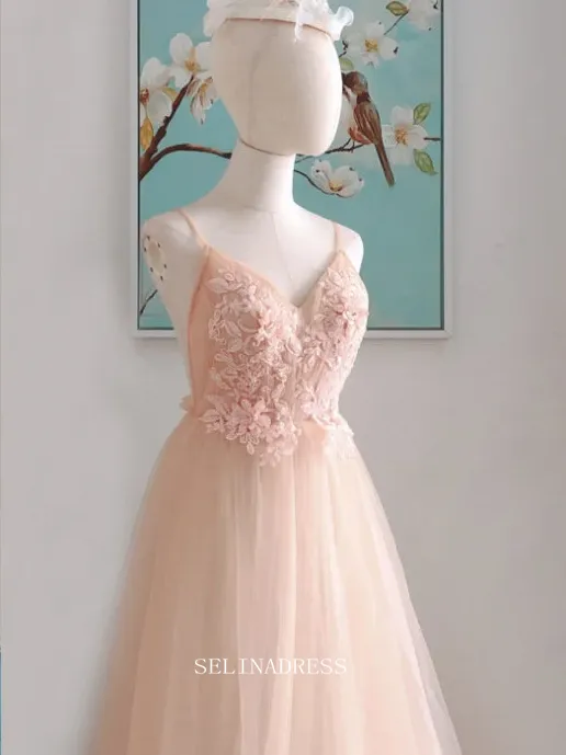 Chic A-line Spaghetti Straps Long Prom Dresses Applique Evening Dress OSTY040
