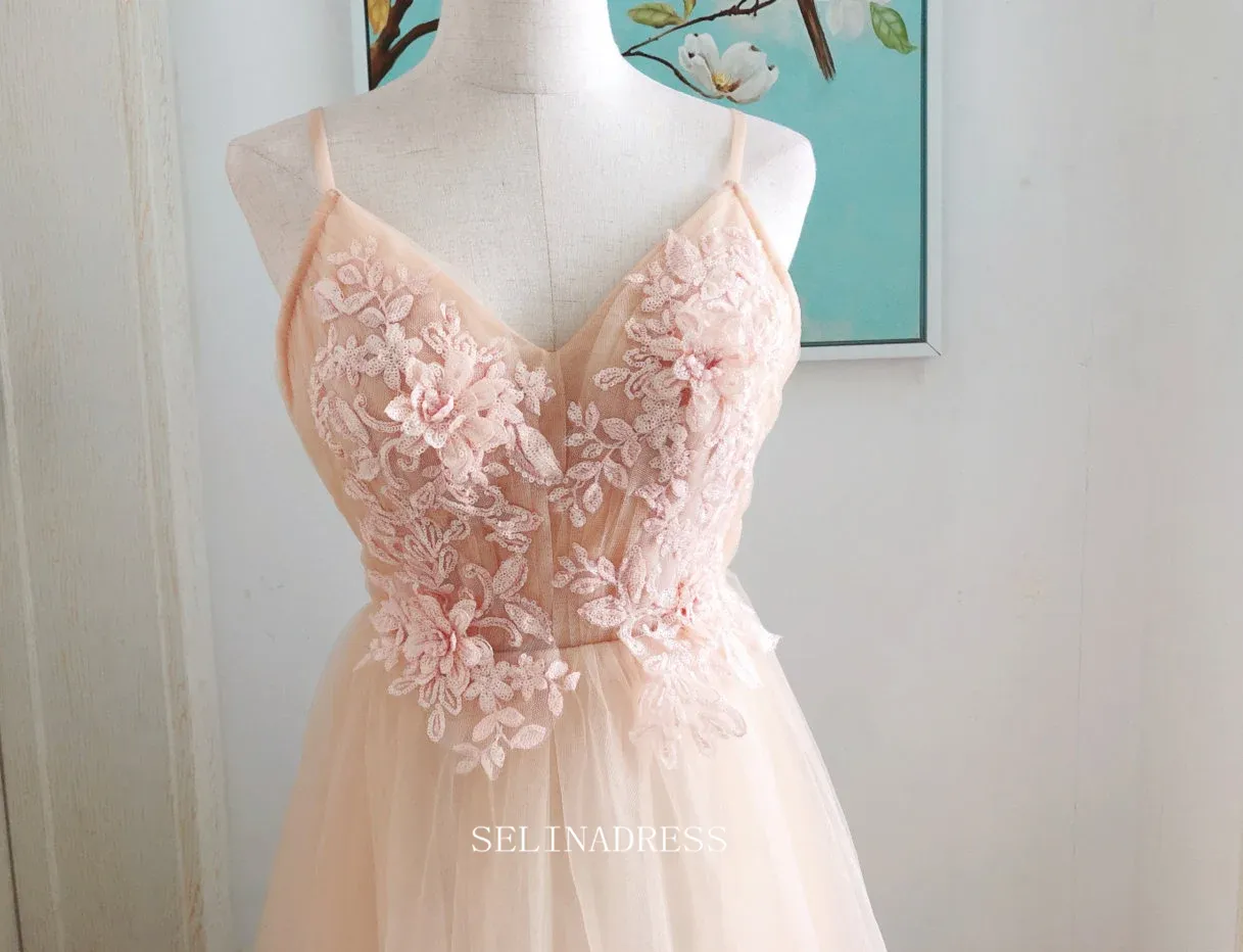 Chic A-line Spaghetti Straps Long Prom Dresses Applique Evening Dress OSTY040