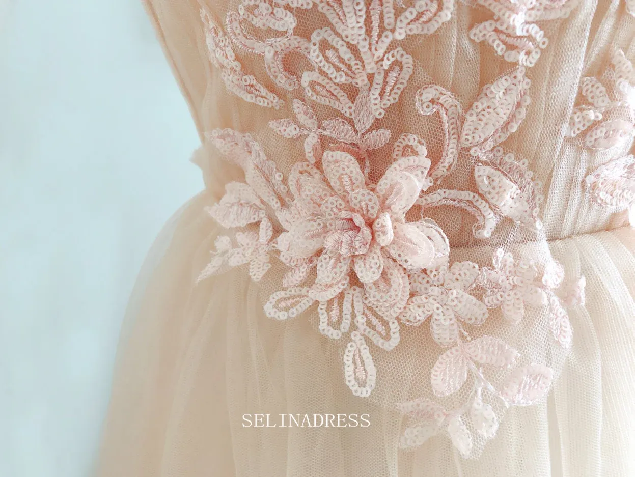 Chic A-line Spaghetti Straps Long Prom Dresses Applique Evening Dress OSTY040