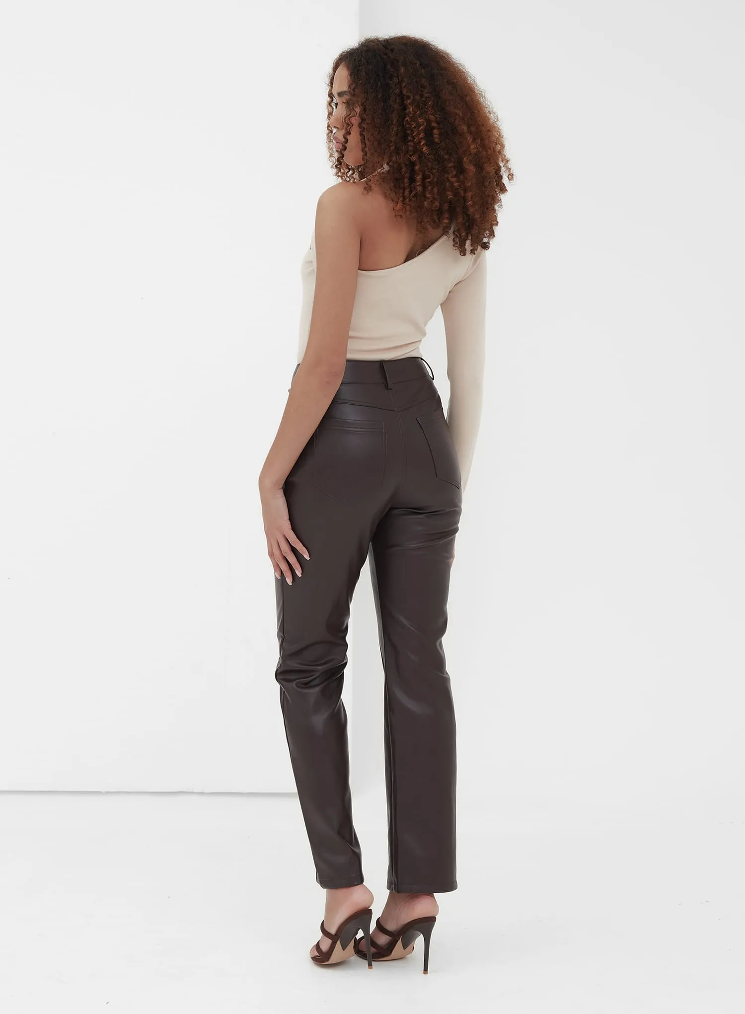 Chocolate Seam Detail Faux Leather Trouser - Henna