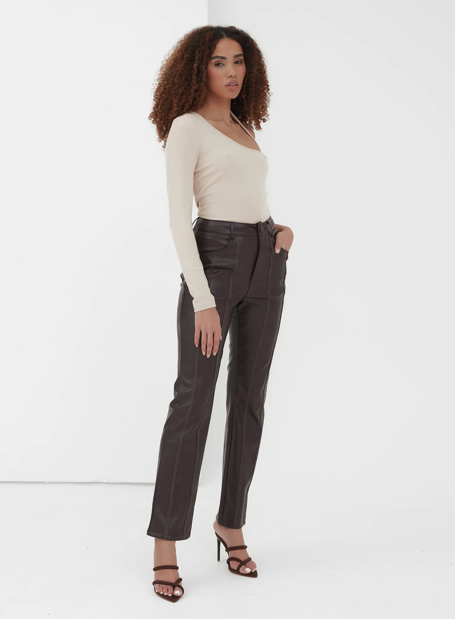 Chocolate Seam Detail Faux Leather Trouser - Henna