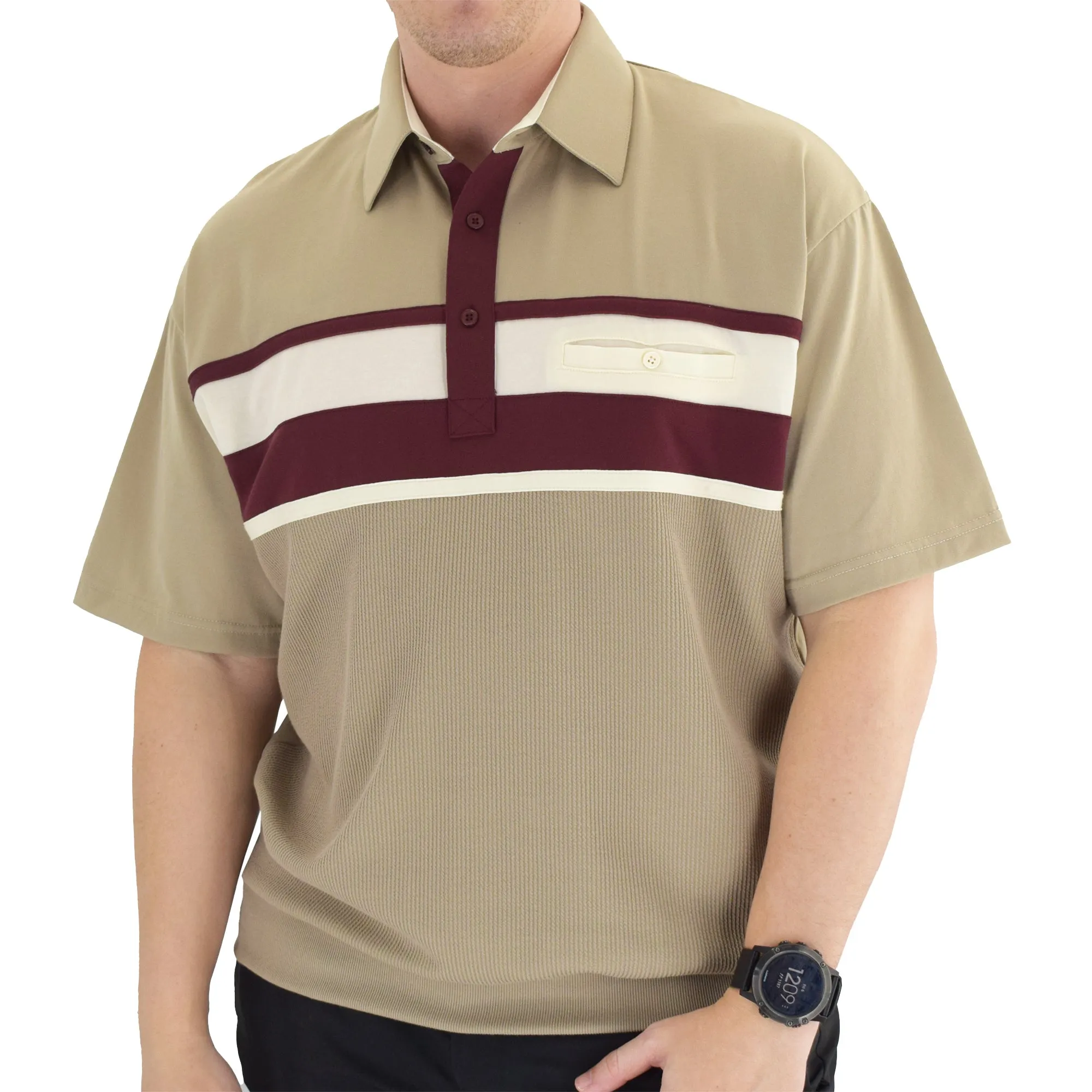 Classics by Palmland Horizontal Short Sleeve Banded Bottom Shirt Taupe - 6010-BL12