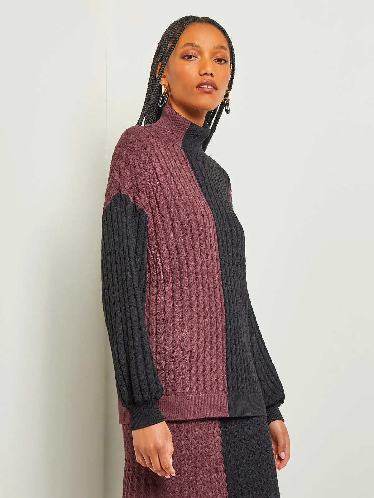 Colorblock Cable Knit Mock Neck Tunic