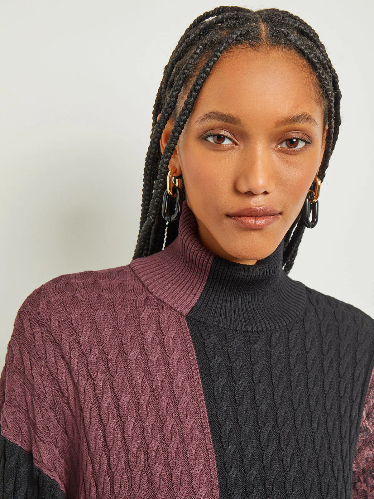 Colorblock Cable Knit Mock Neck Tunic