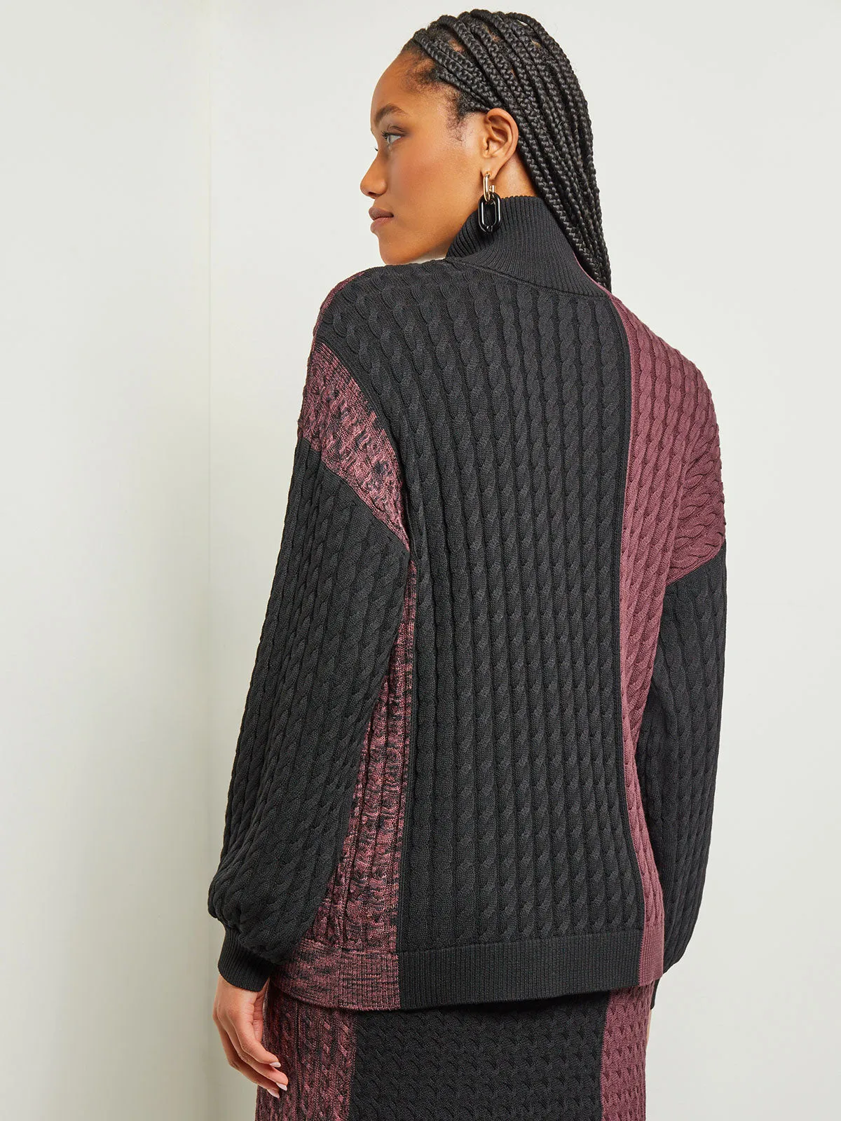 Colorblock Cable Knit Mock Neck Tunic